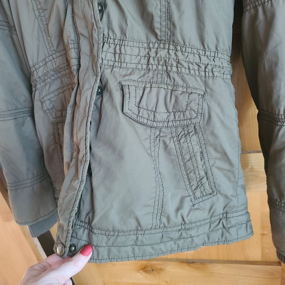 American Eagle Y2K Army Green Military Parka‎ Jacket Faux Fur Hood Sherpa MEDIUM - Picture 11 of 14